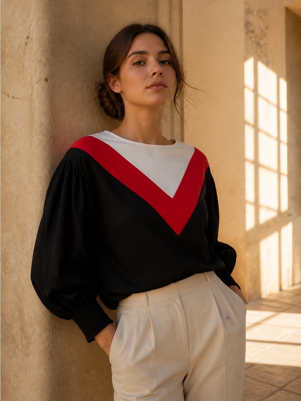 Pinko Black Top with Red Chevron and White Yoke